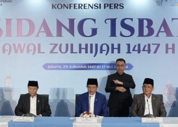 konferensi pers usai Sidang Isbat awal Zulhijah 1447 H yang berlangsung di Kantor Kementerian Agama, Jakarta, Minggu (17/5/2026).
